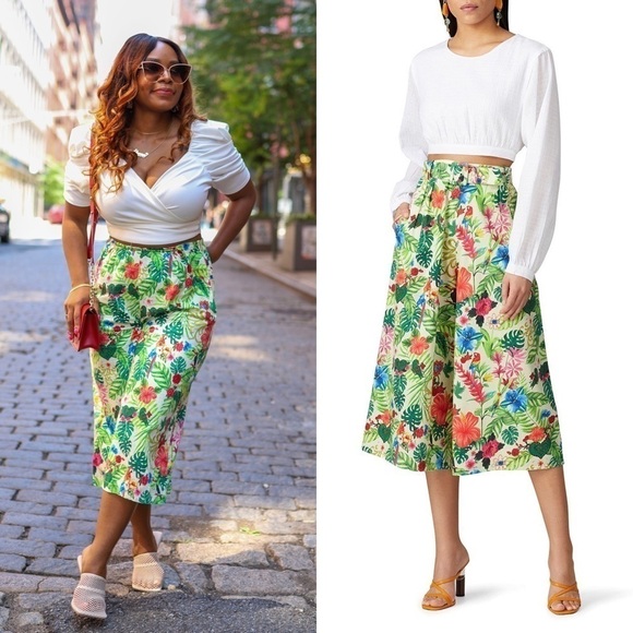 MIGUELINA Tropical Floral Botanical Print High Rise Wide Leg Cropped Pants XS - Picture 1 of 9